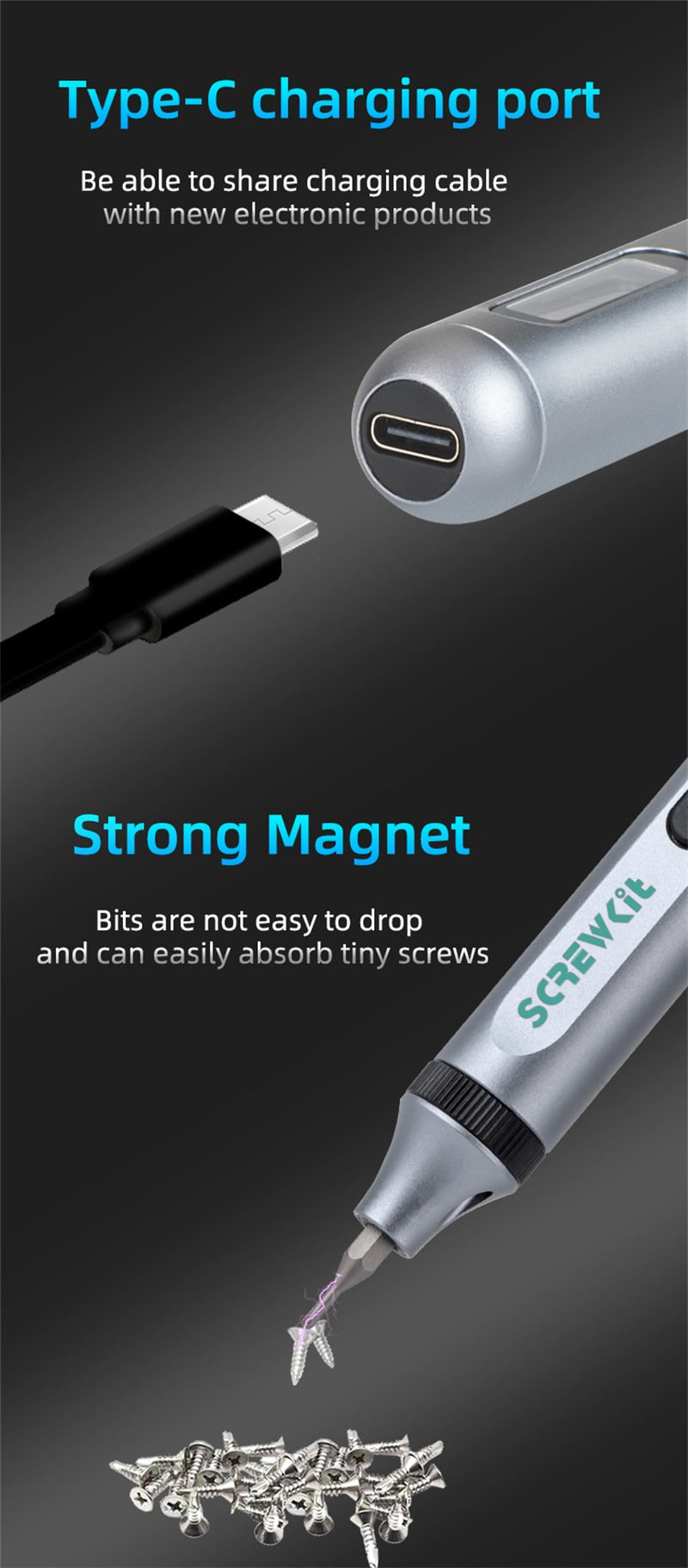 Precision Electric Screwdriver Kit With Adjustable Torque. Type C Fast Charging.