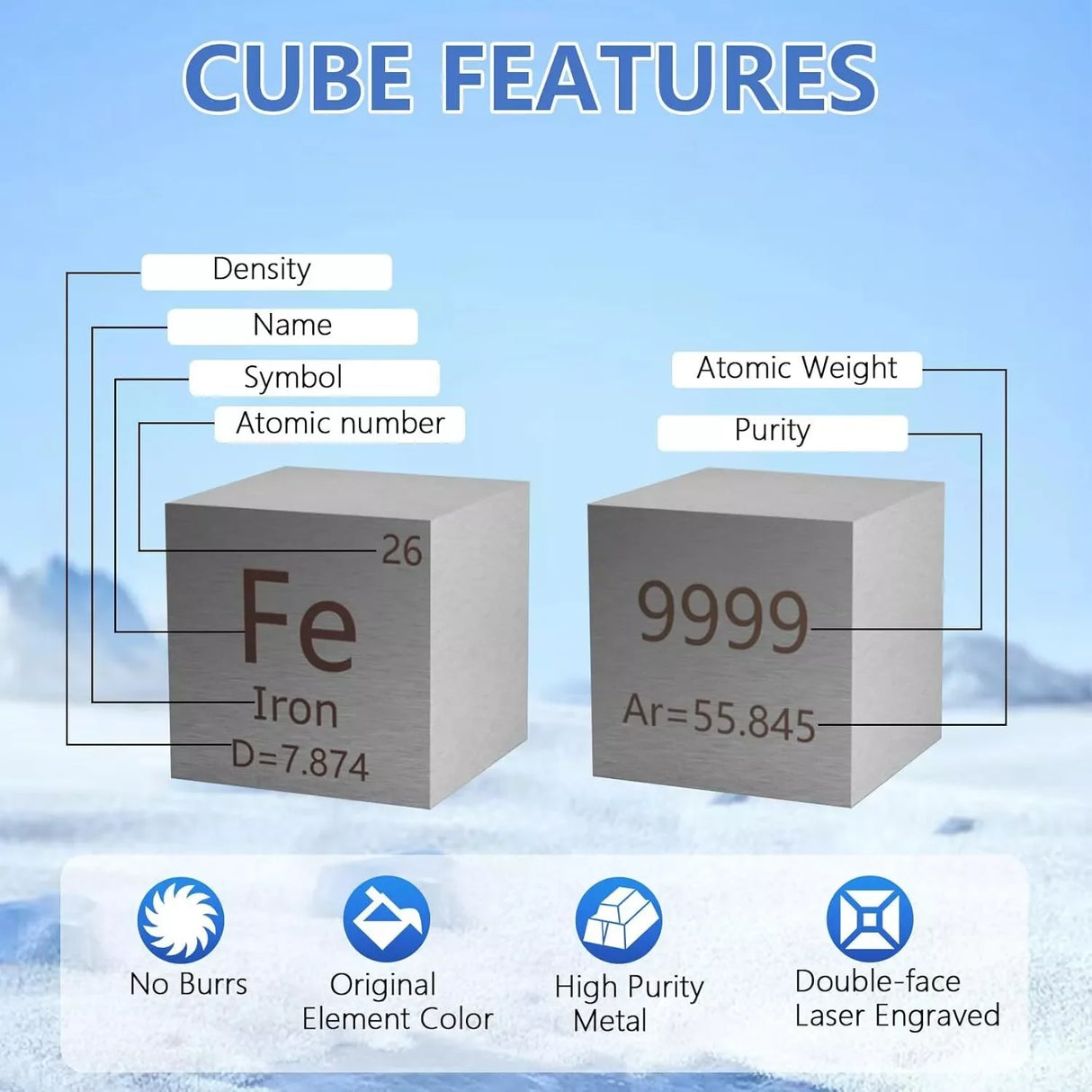 10mm (0.39") Metal Tungsten Cubes up to 99.9% Pure Periodic Table Element Engraved Collection