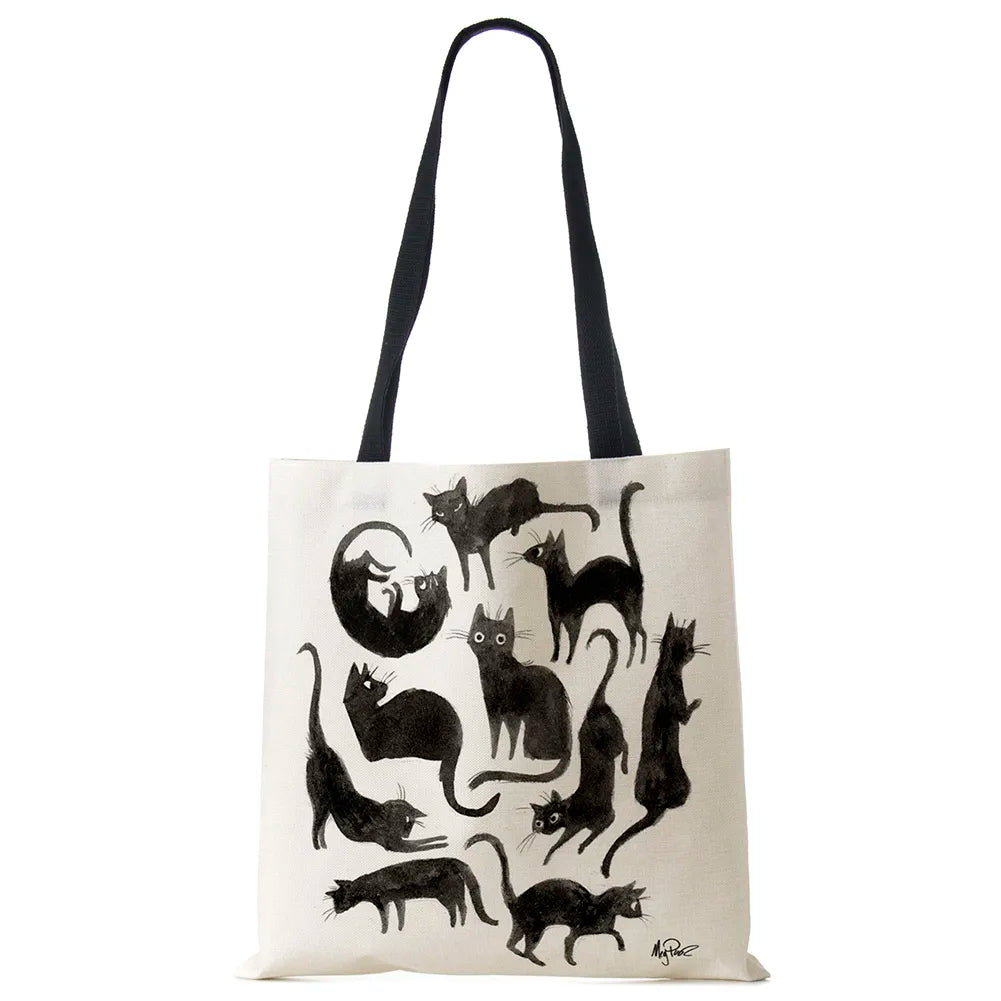 Linen Cat Printed Tote Bags.