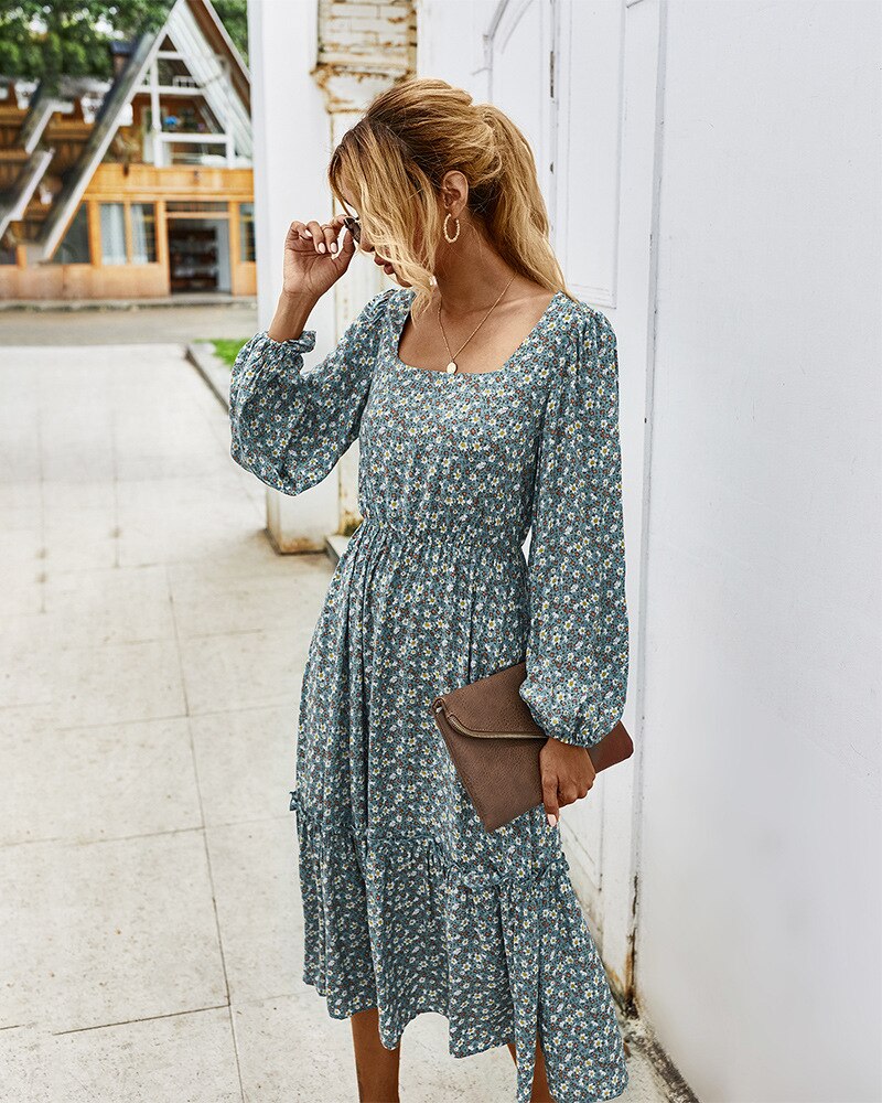 Elegant Ladies Long Sleeve Flower patterned Dress.