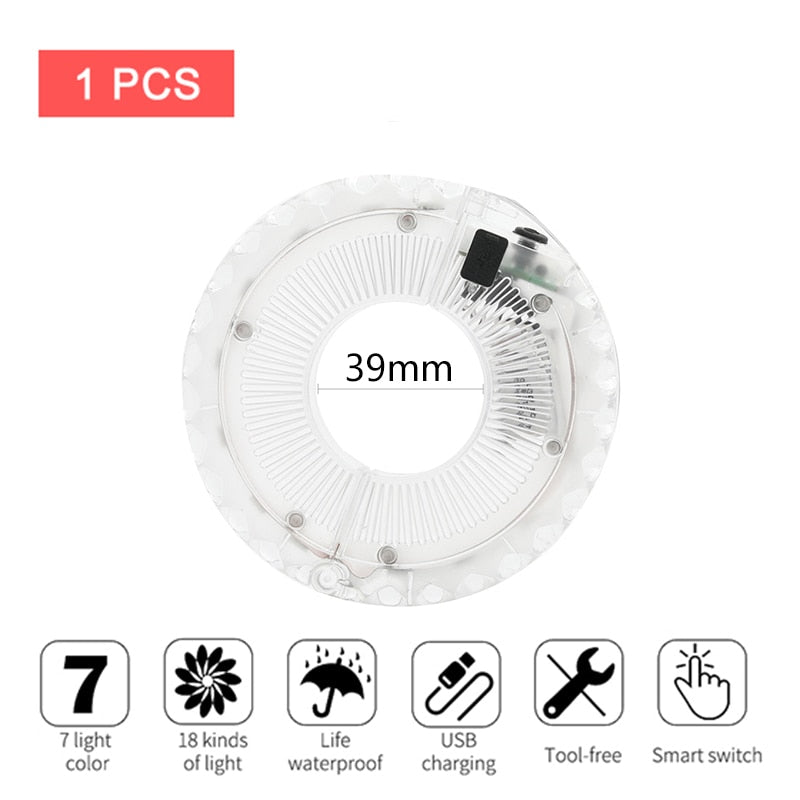 Smart rechargeable LED Bicycle Wheel Light. 7 colors with 18 changeable modes attaches to the hub.
