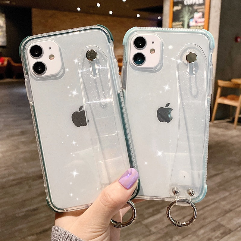 Glitter Powder Case For iPhone 12 13 11 X XR XS Max 7 8 Plus Transparent Soft TPU Wrist Strap & Shockproof Back.