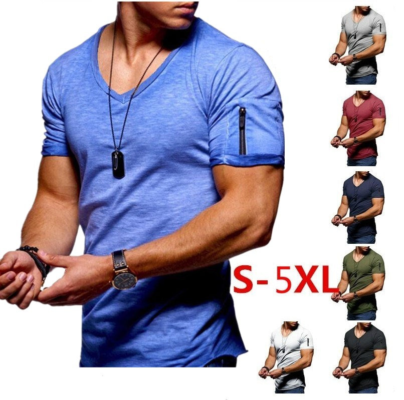 Men's fitness cotton V-neck t-shirt. short-sleeved with a zipper opening.