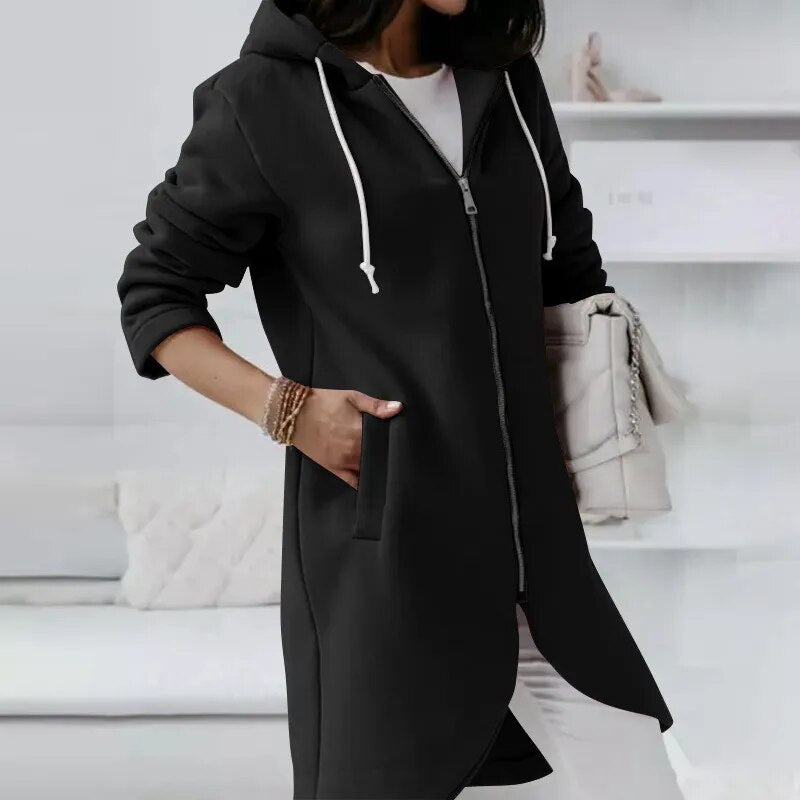 Women's Autumn Zipper Hooded Velvet Long Sweater.