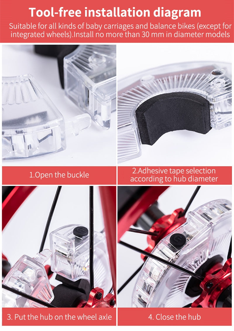 Smart rechargeable LED Bicycle Wheel Light. 7 colors with 18 changeable modes attaches to the hub.