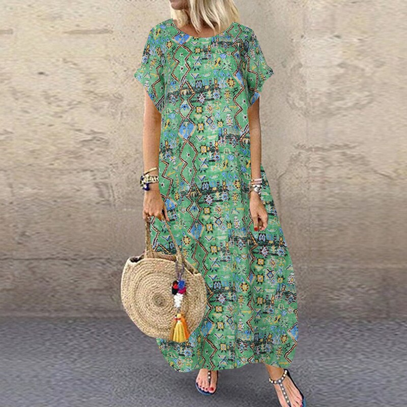 Women's ZANZEA Summer Bohemian Long, Short Sleeve Floral Print Sundress.