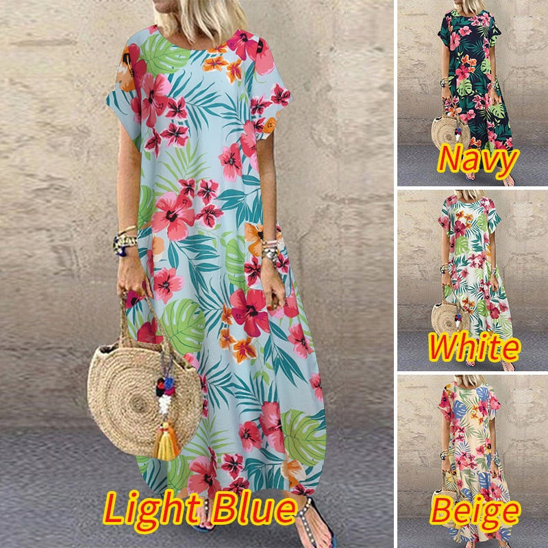 Women's ZANZEA Summer Bohemian Long, Short Sleeve Floral Print Sundress.