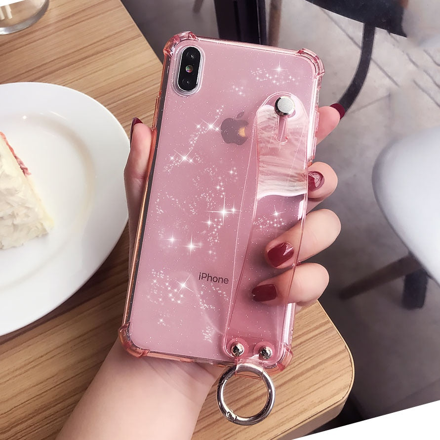 Glitter Powder Case For iPhone 12 13 11 X XR XS Max 7 8 Plus Transparent Soft TPU Wrist Strap & Shockproof Back.