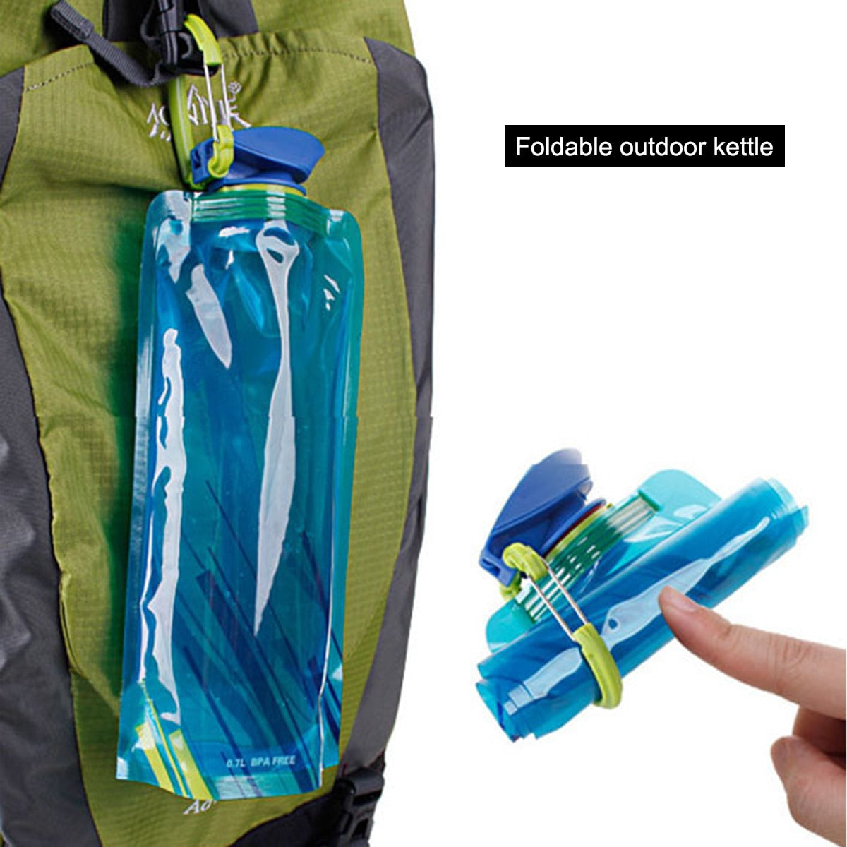 Foldable/Squeezable Water Bottle with fastener to keep it rolled up. Great for Cycling, Outdoor Hiking.