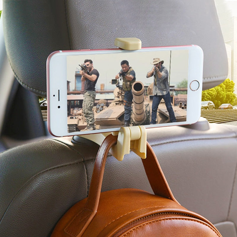 Headrest Hook with Phone Holder for Bags, Handbags. Easy to install and holds up to 5kg.