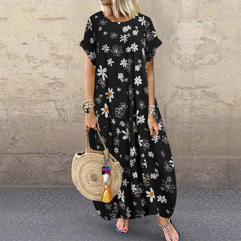Women's ZANZEA Summer Bohemian Long, Short Sleeve Floral Print Sundress.