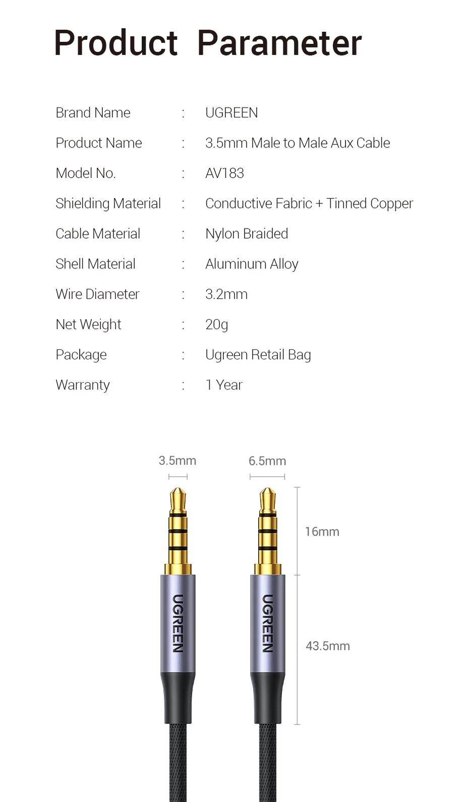 UGREEN 3.5mm Aux Male to Male Audio Cable 4 Pole TRRS 4-Conductor