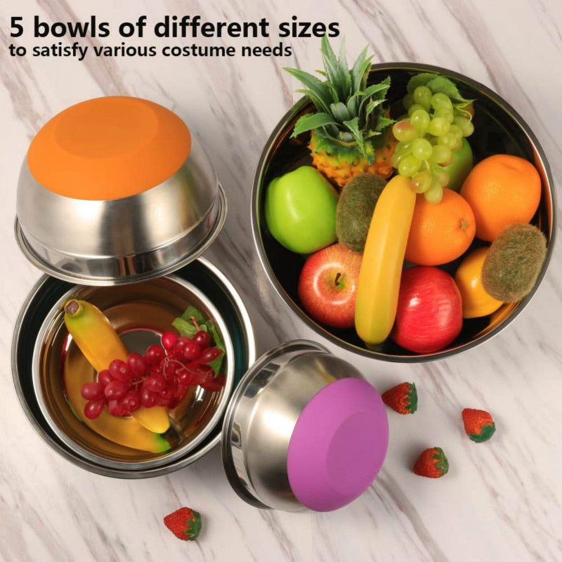 1.5-2 - 2.5-3.5 -5QT (set of 5) Silicone bottom Stainless Steel Mixing Bowls.