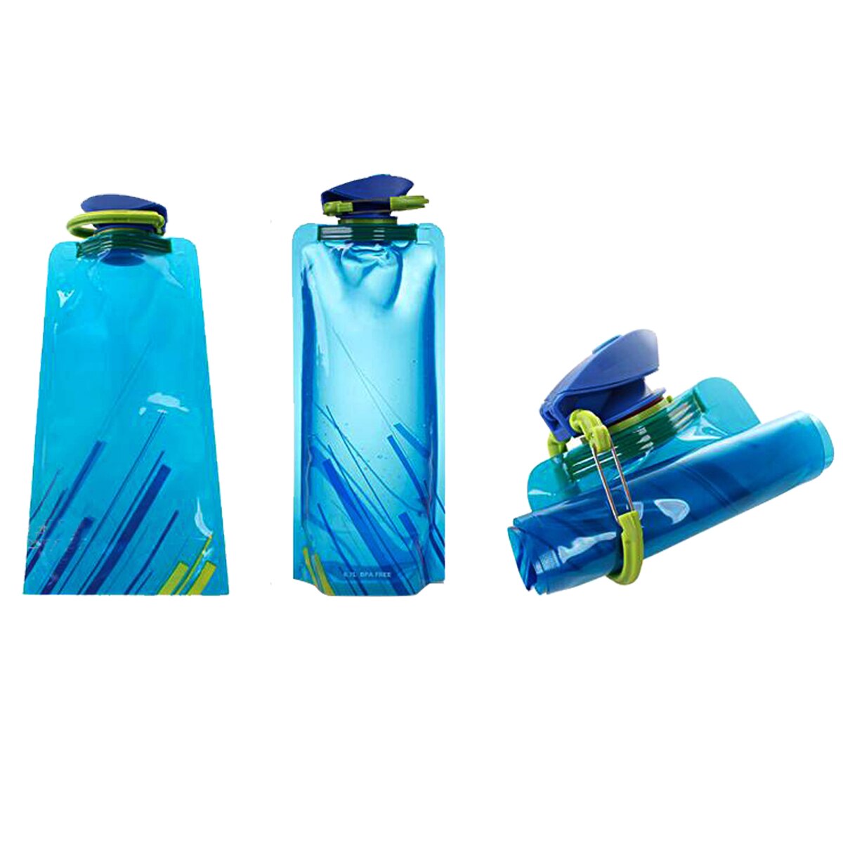 Foldable/Squeezable Water Bottle with fastener to keep it rolled up. Great for Cycling, Outdoor Hiking.