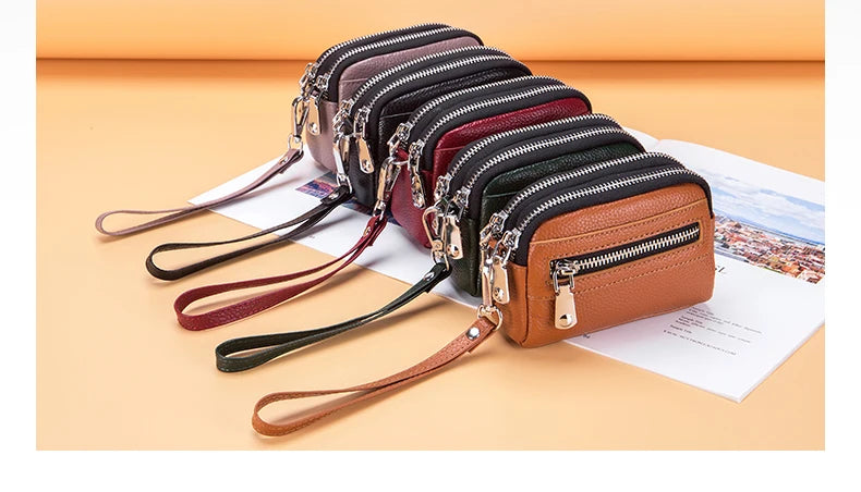 Women's Genuine Leather Double Zipper Purse