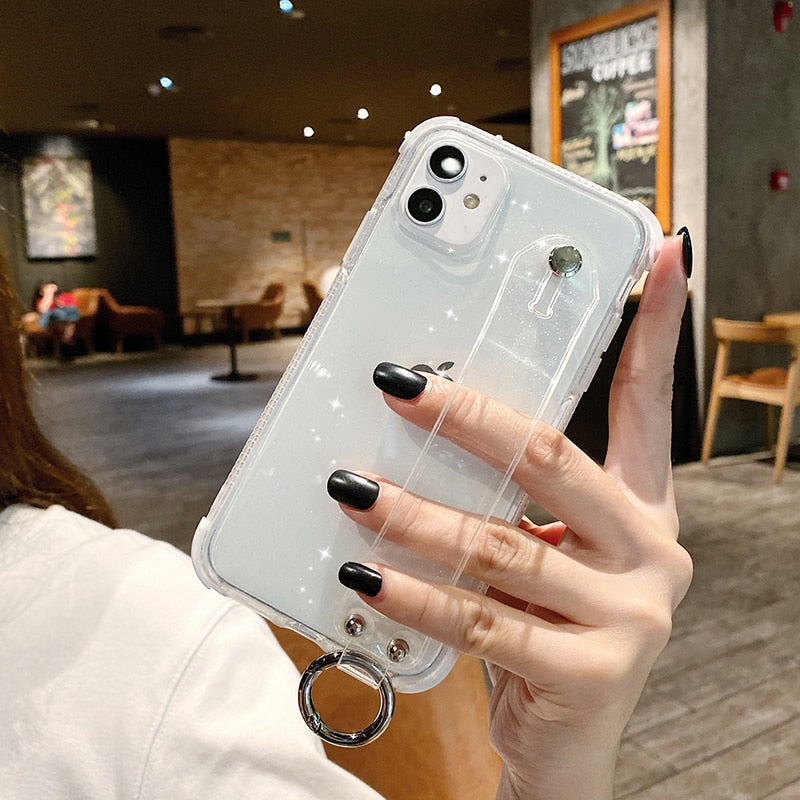 Glitter Powder Case For iPhone 12 13 11 X XR XS Max 7 8 Plus Transparent Soft TPU Wrist Strap & Shockproof Back.