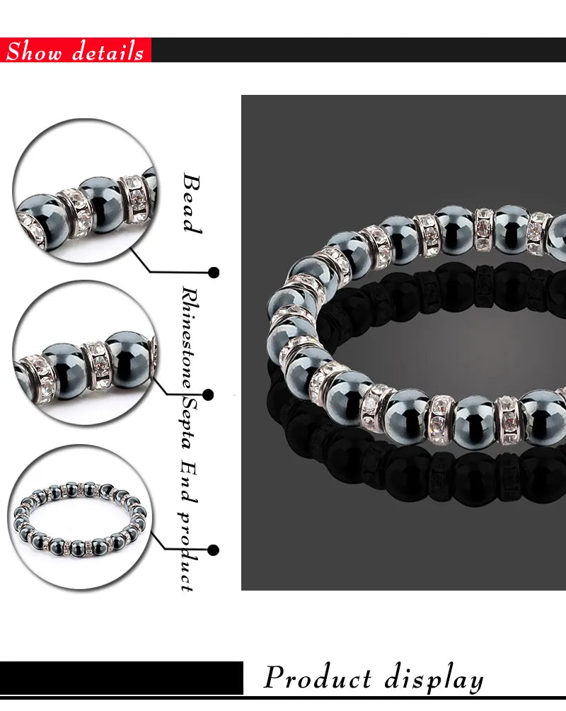 Men And Women's Natural Hematite Stretch Non-Magnetic Bead Bracelets.