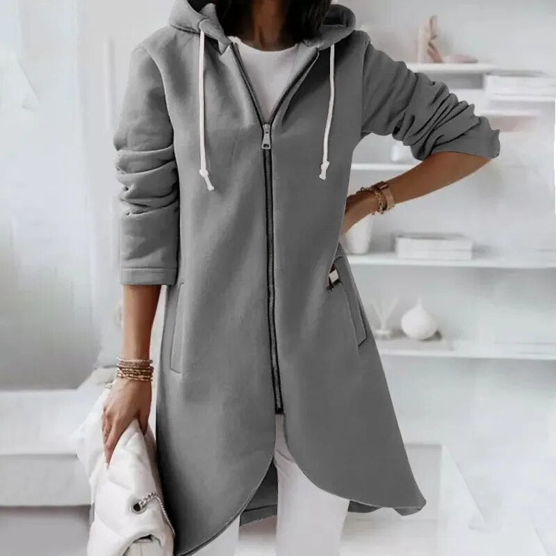Women's Autumn Zipper Hooded Velvet Long Sweater.