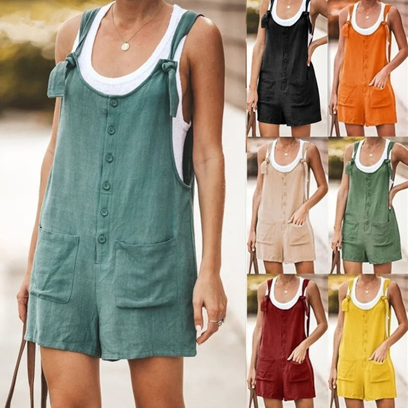 Women's Sleeveless Cotton and linen Overall Romper With Wide Legs. e