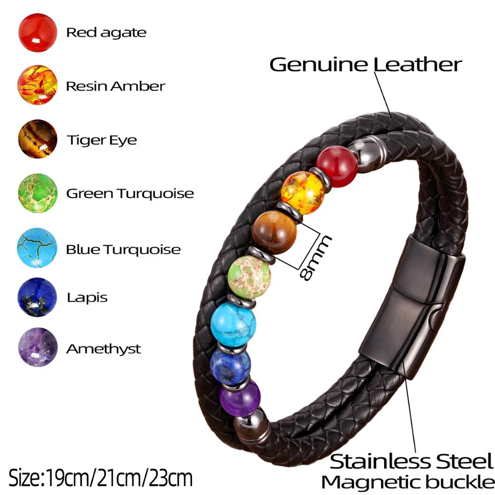 Genuine Black Leather Chakra Men's Bracelet With 7 Color Natural Yoga Healing Beads.