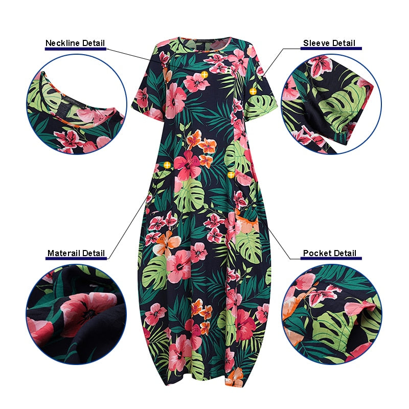 Women's ZANZEA Summer Bohemian Long, Short Sleeve Floral Print Sundress.