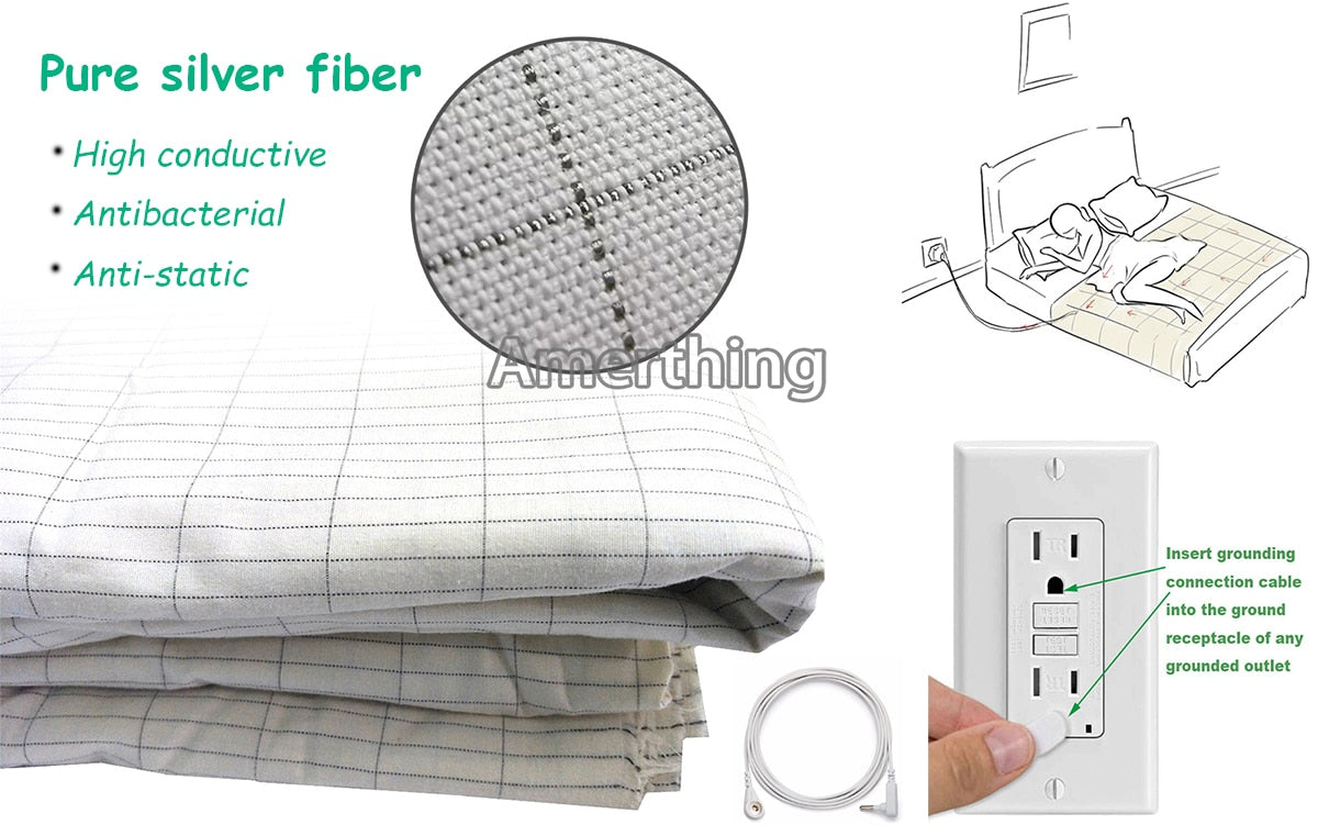 White Earthing Bed Sheet / Pillowcase with Conductive Silver Fiber, USB Cord For Grounded Antistatic Health Protection.