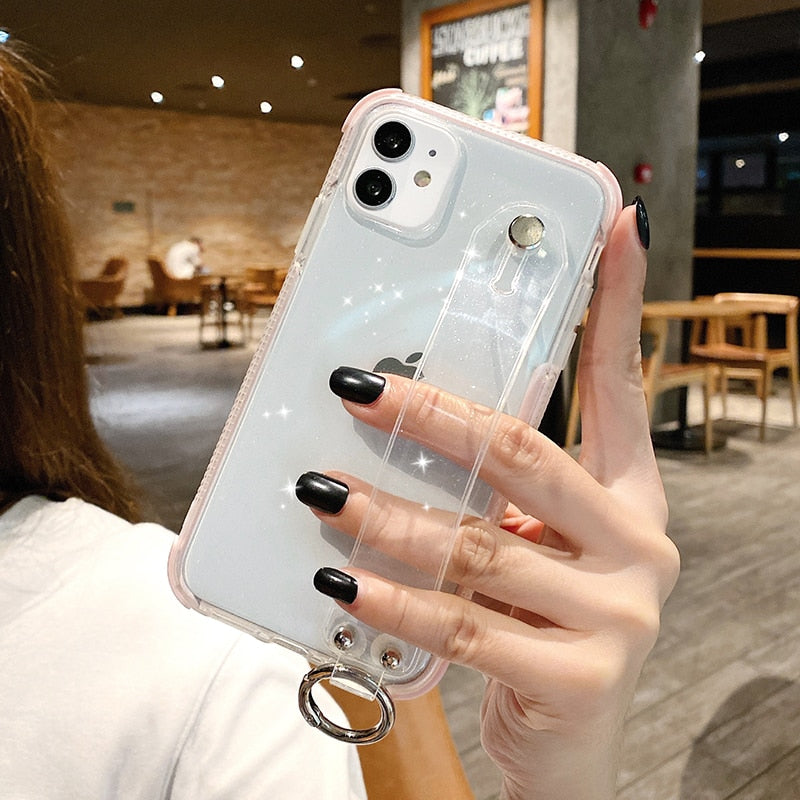 Glitter Powder Case For iPhone 12 13 11 X XR XS Max 7 8 Plus Transparent Soft TPU Wrist Strap & Shockproof Back.