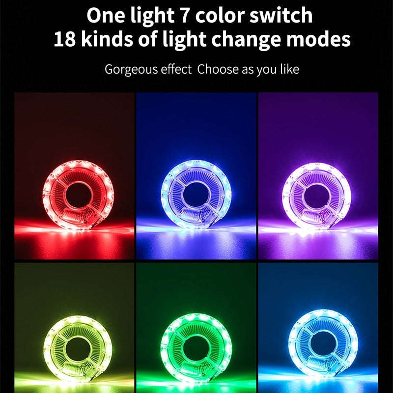 Smart rechargeable LED Bicycle Wheel Light. 7 colors with 18 changeable modes attaches to the hub.