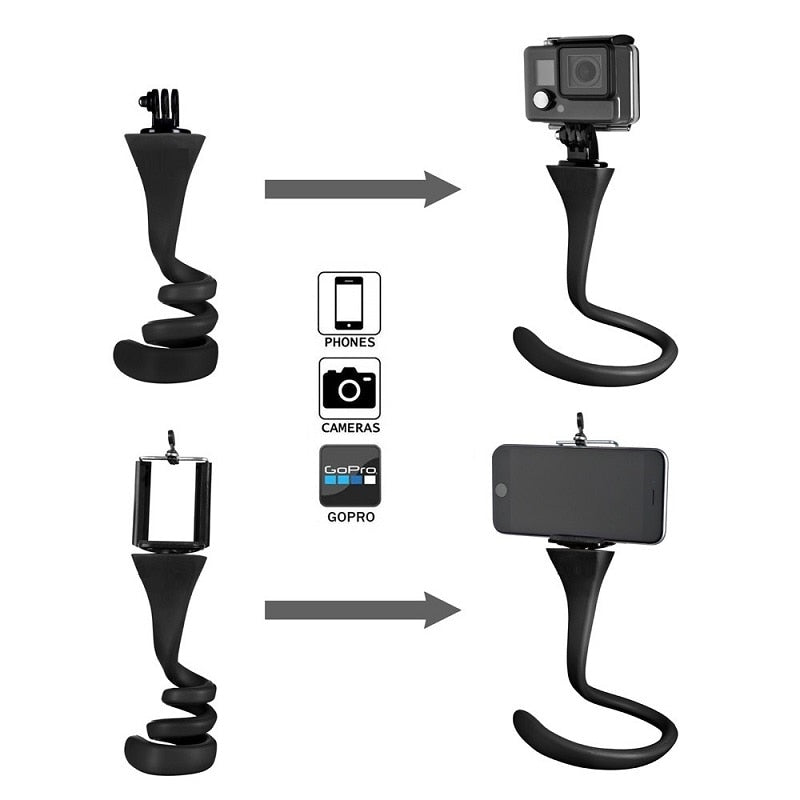 Flexible Camera Tripod Mount and Selfie Stick for Gopro Action Camera and Smartphone.