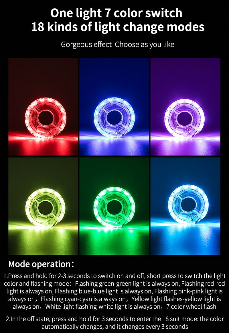 Smart rechargeable LED Bicycle Wheel Light. 7 colors with 18 changeable modes attaches to the hub.