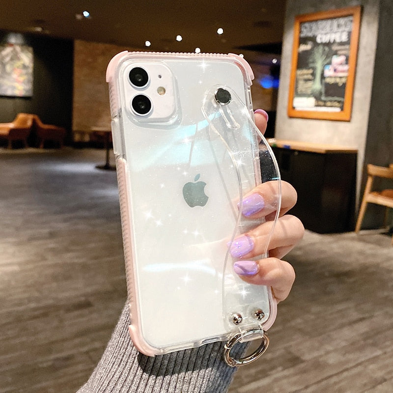 Glitter Powder Case For iPhone 12 13 11 X XR XS Max 7 8 Plus Transparent Soft TPU Wrist Strap & Shockproof Back.