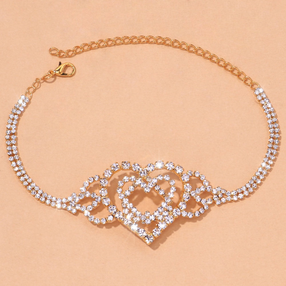 Double Heart Rhinestone Anklet.