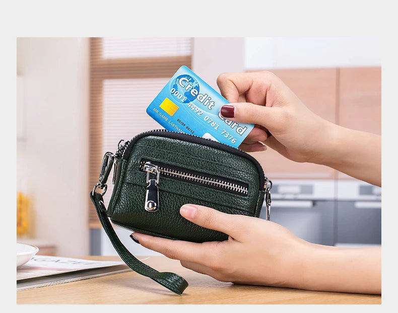 Women's Genuine Leather Double Zipper Purse