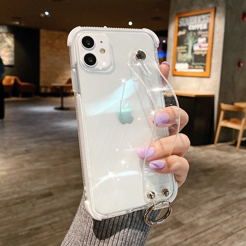 Glitter Powder Case For iPhone 12 13 11 X XR XS Max 7 8 Plus Transparent Soft TPU Wrist Strap & Shockproof Back.