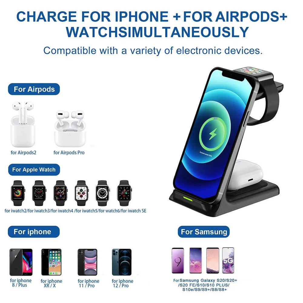 3 in 1 20W Fast Wireless Charging Station for Apple Watch iWatch 8 7 Air Pods Pro For iPhone 15 14 13 12 11 XS XR 8