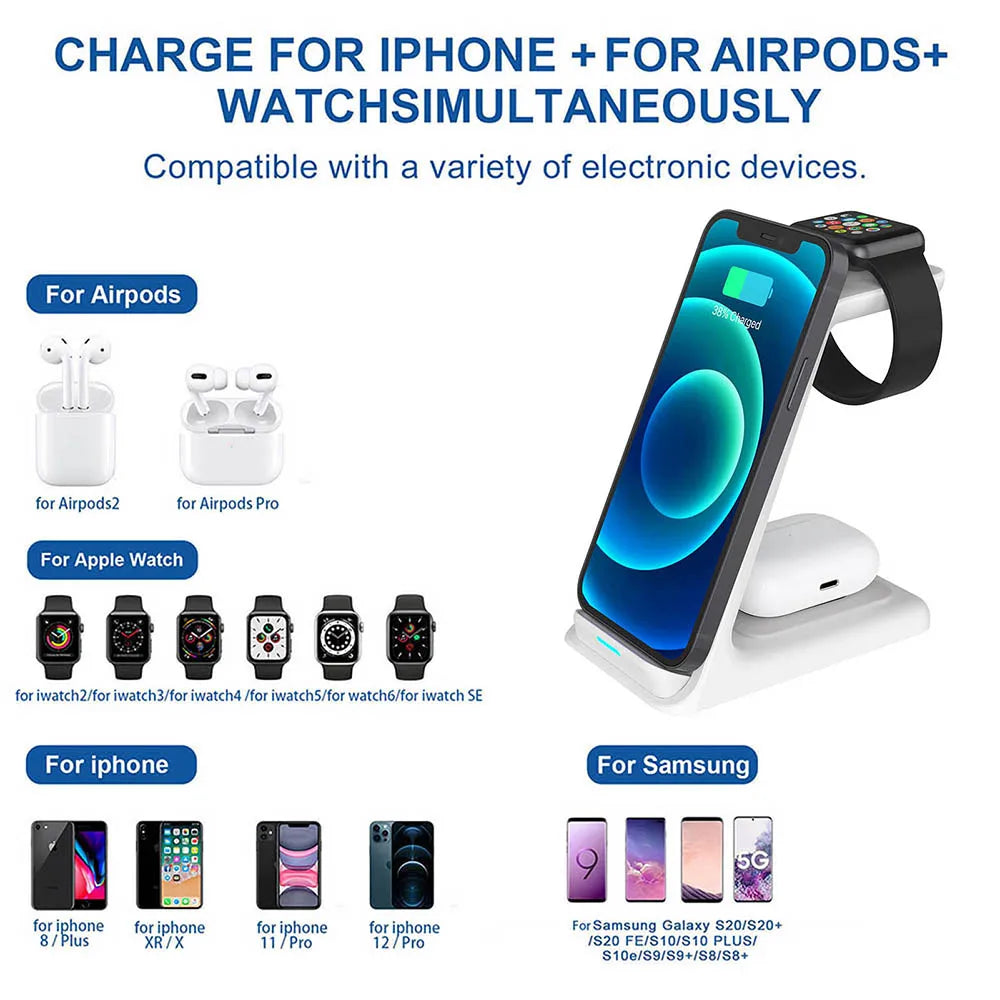 3 in 1 20W Fast Wireless Charging Station for Apple Watch iWatch 8 7 Air Pods Pro For iPhone 15 14 13 12 11 XS XR 8