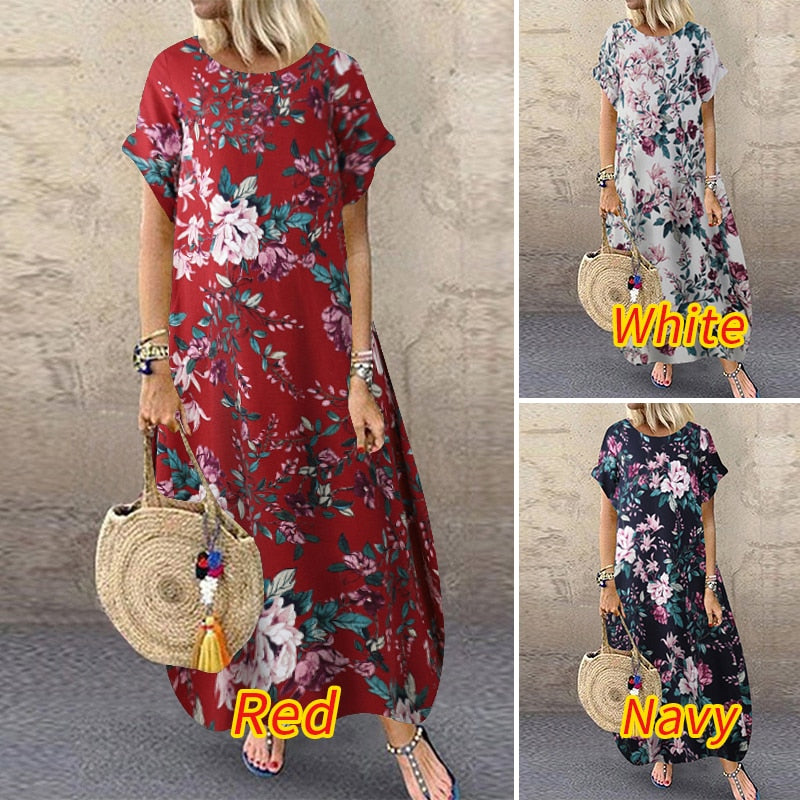 Women's ZANZEA Summer Bohemian Long, Short Sleeve Floral Print Sundress.