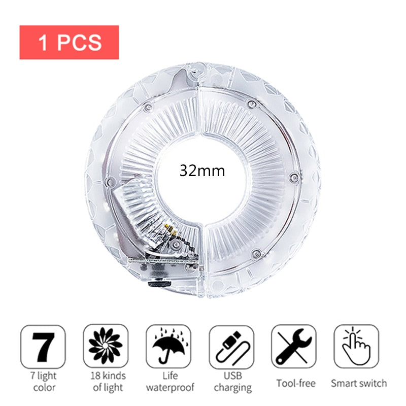Smart rechargeable LED Bicycle Wheel Light. 7 colors with 18 changeable modes attaches to the hub.