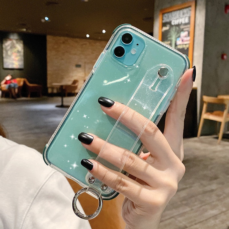 Glitter Powder Case For iPhone 12 13 11 X XR XS Max 7 8 Plus Transparent Soft TPU Wrist Strap & Shockproof Back.