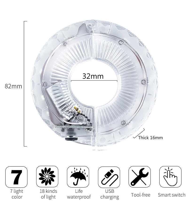 Smart rechargeable LED Bicycle Wheel Light. 7 colors with 18 changeable modes attaches to the hub.