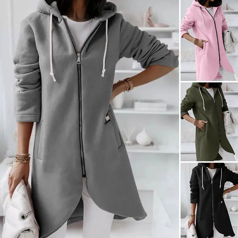 Women's Autumn Zipper Hooded Velvet Long Sweater.