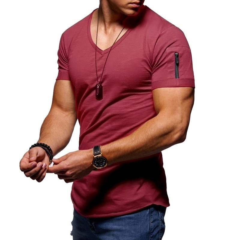Men's fitness cotton V-neck t-shirt. short-sleeved with a zipper opening.
