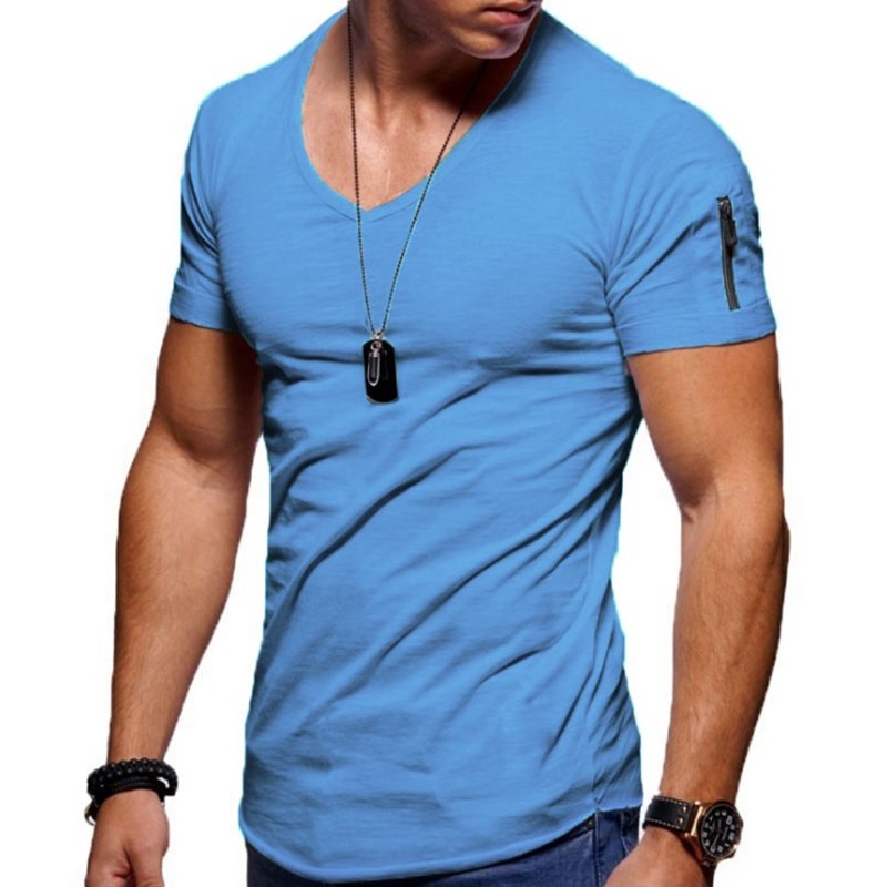 Men's fitness cotton V-neck t-shirt. short-sleeved with a zipper opening.