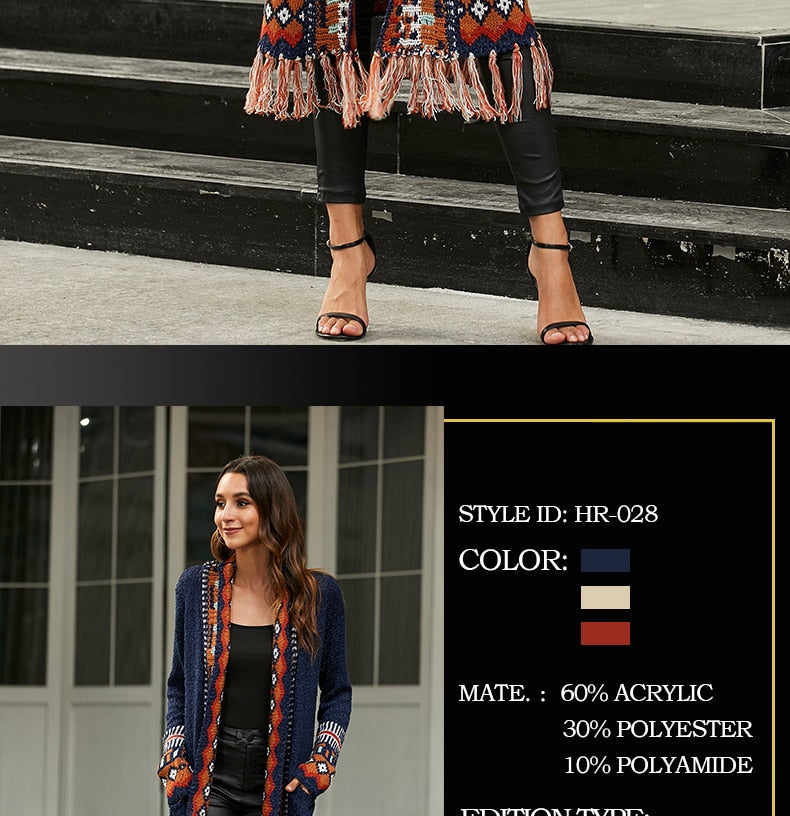 CGYY Long Sleeve Knitted Plaid Open Front Sweaters with Fringe Tassel.