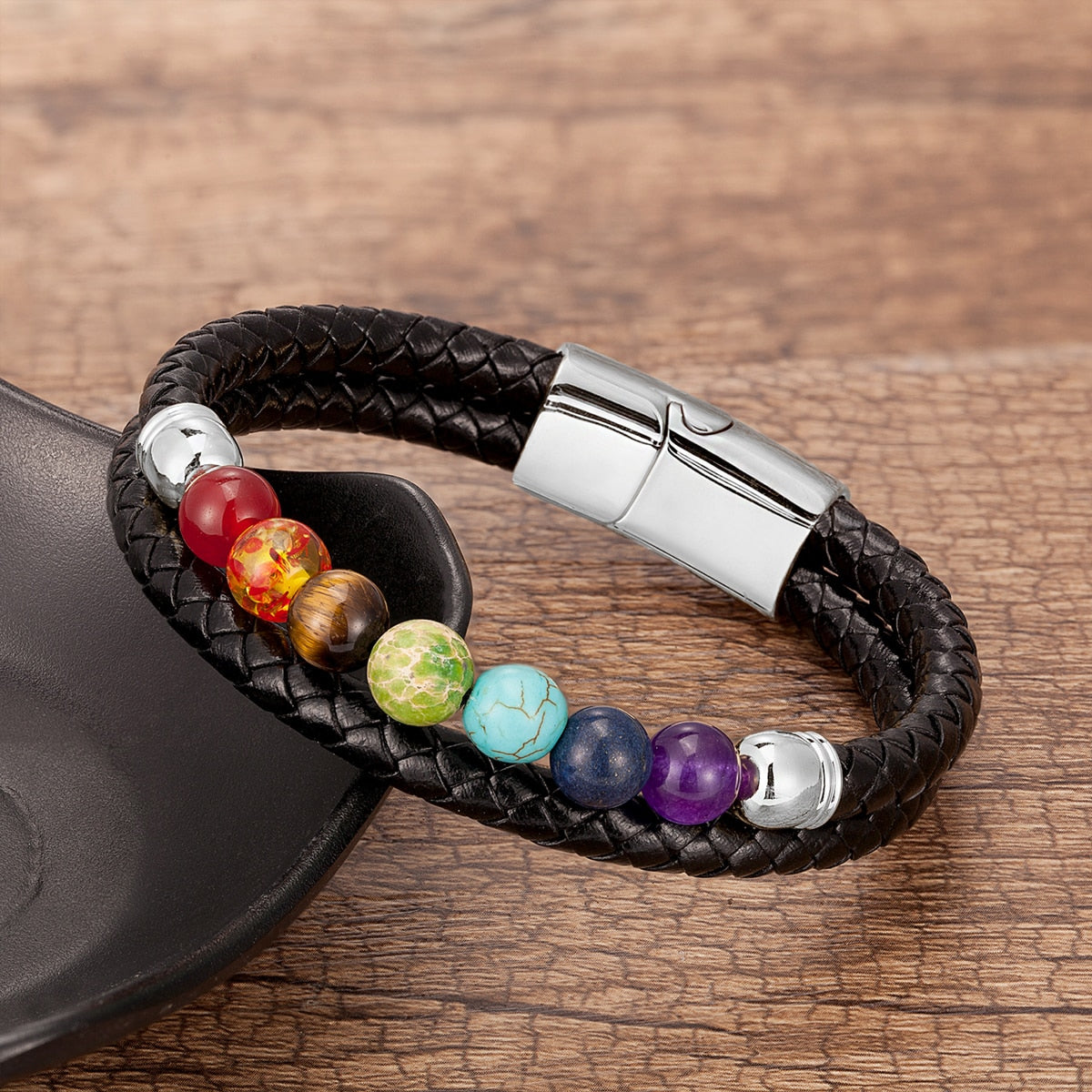 Genuine Black Leather Chakra Men's Bracelet With 7 Color Natural Yoga Healing Beads.