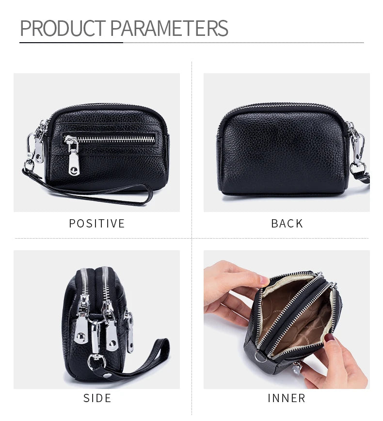 Women's Genuine Leather Double Zipper Purse