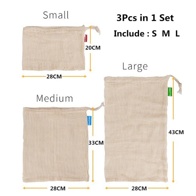 Reusable Cotton Mesh Produce Bags for Vegetables/ Fruit.