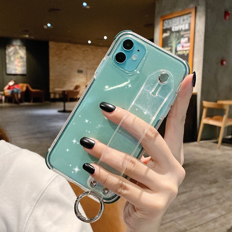 Glitter Powder Case For iPhone 12 13 11 X XR XS Max 7 8 Plus Transparent Soft TPU Wrist Strap & Shockproof Back.