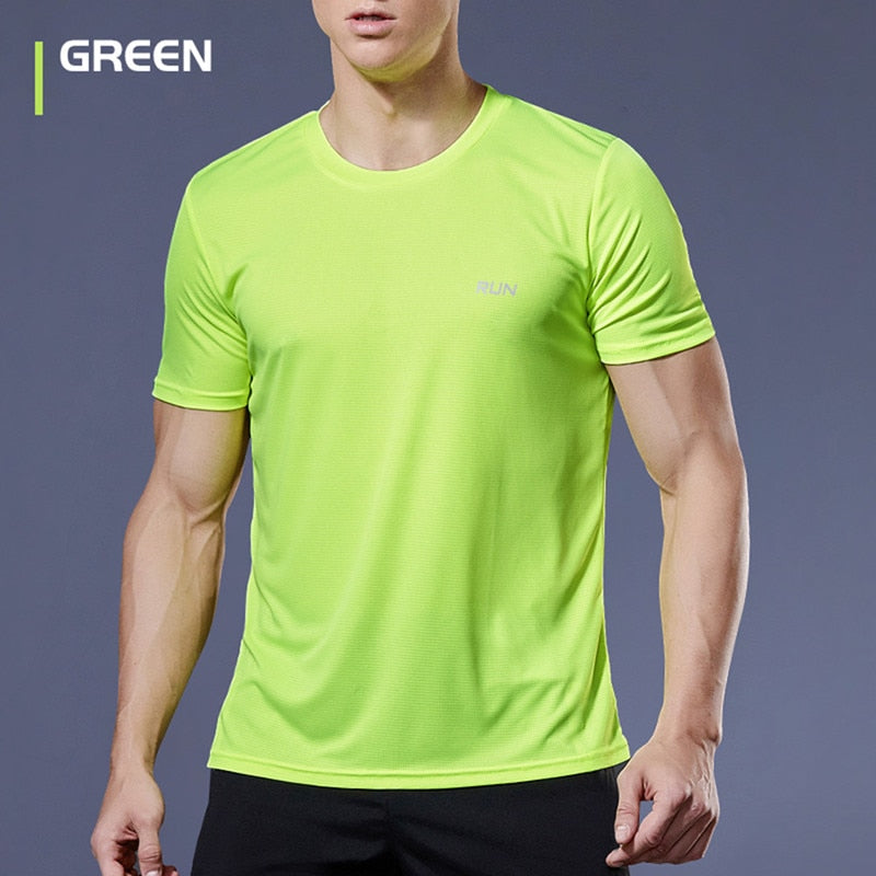 Men's multicolor short sleeve gym shirts. Quick drying, breathable sportswear