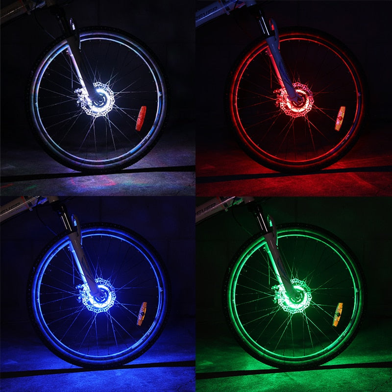 Smart rechargeable LED Bicycle Wheel Light. 7 colors with 18 changeable modes attaches to the hub.